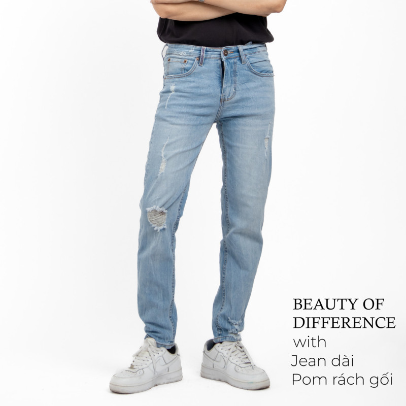 Jeans dài POM rách gối form slimfit