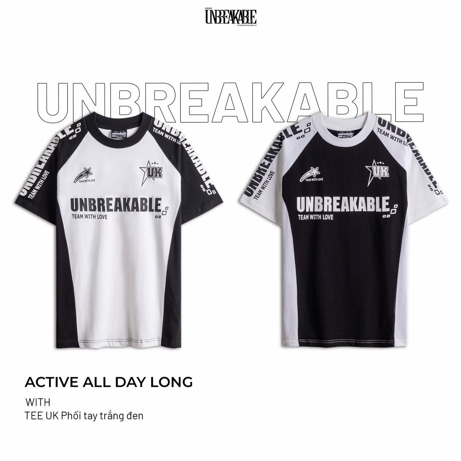 Áo thun Unbreakable phối tay raglan trắng đen