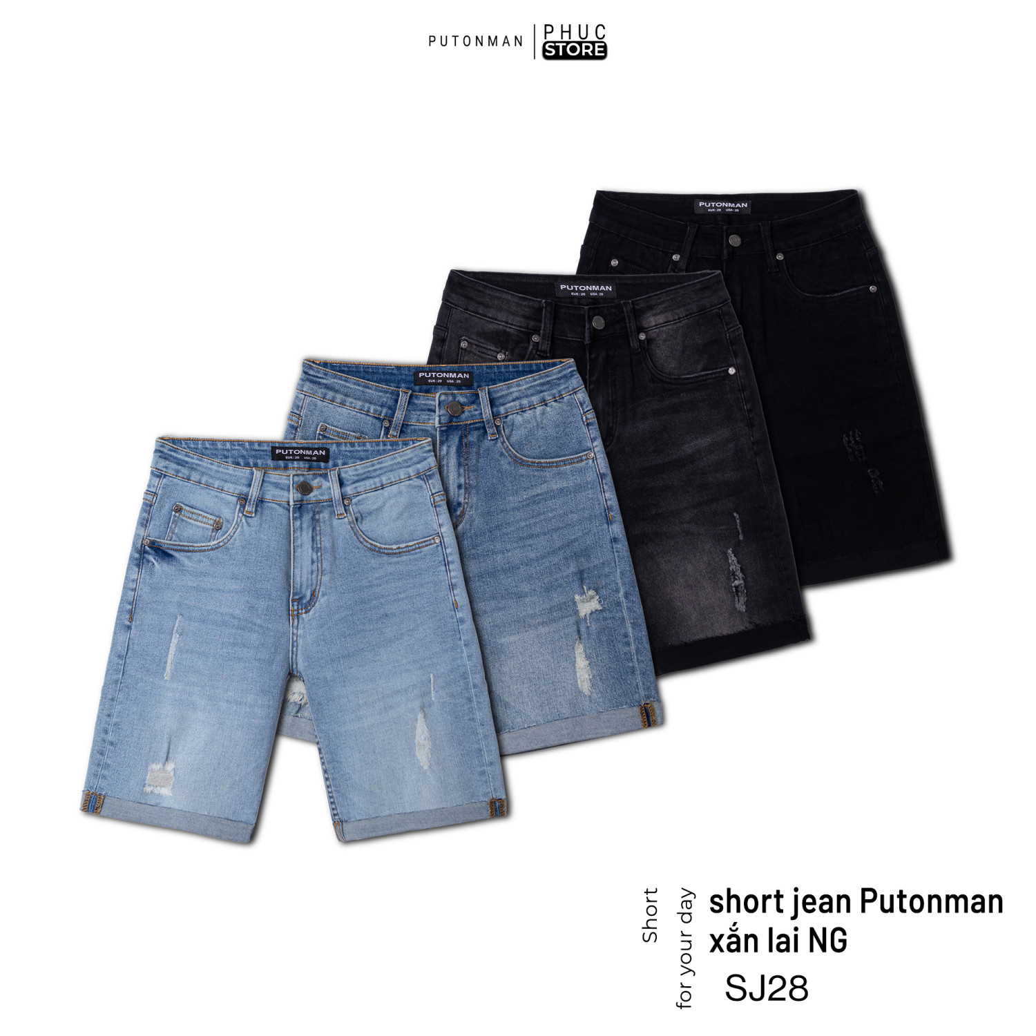 Quần Short Jean Nam Put On Man Xắn Lai Ngang Gối Quần Rách - PHUCSTORE