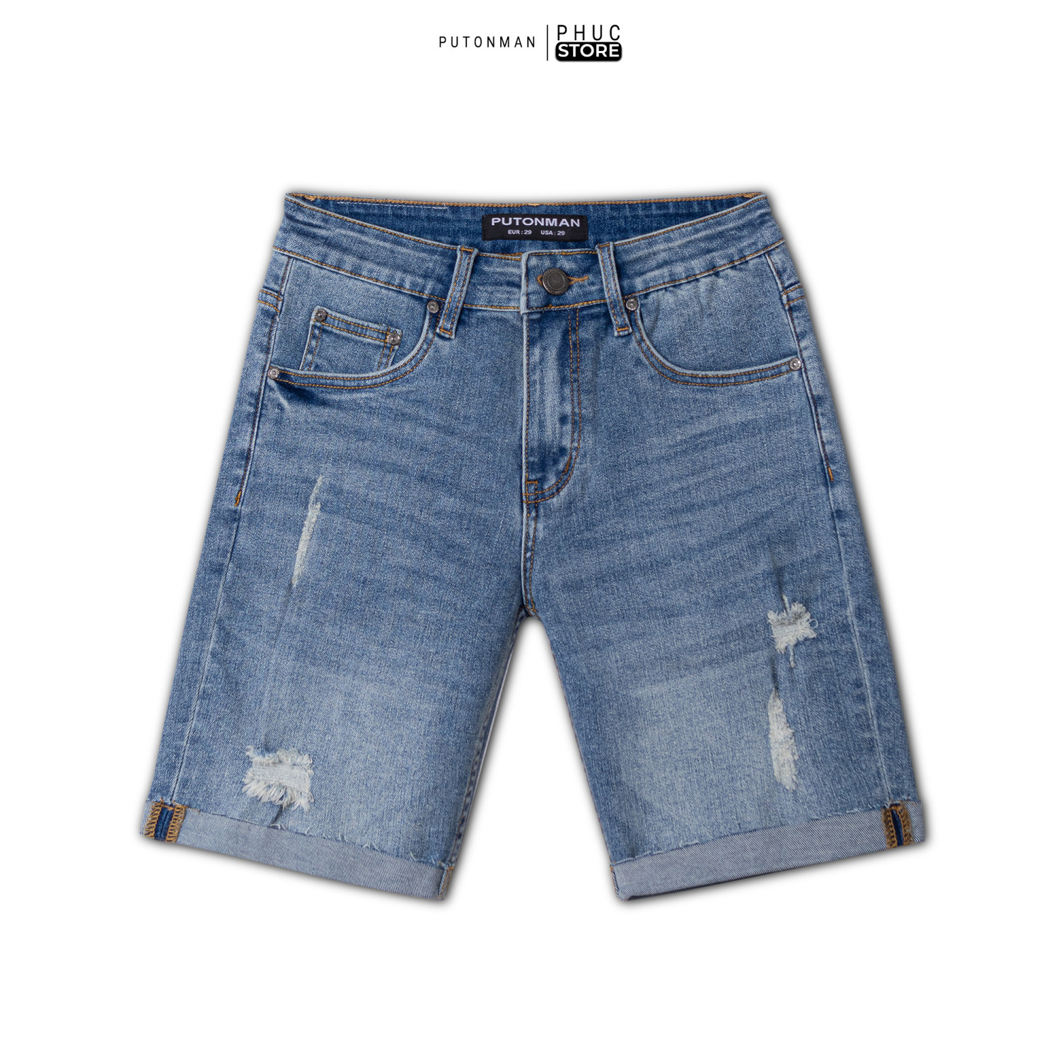 Quần Short Jean Nam Put On Man Xắn Lai Ngang Gối Quần Rách - PHUCSTORE