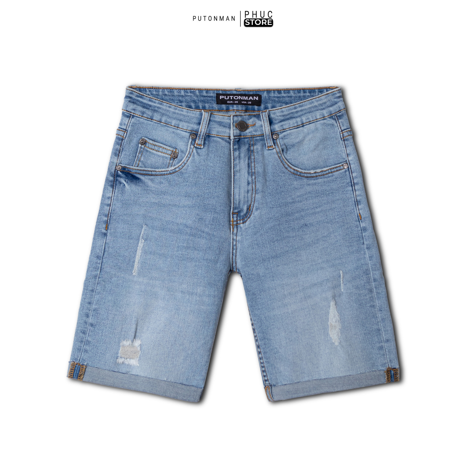 Quần Short Jean Nam Put On Man Xắn Lai Ngang Gối Quần Rách - PHUCSTORE