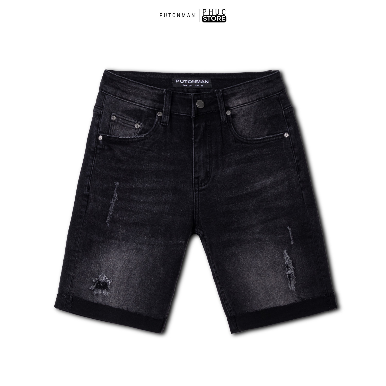 Quần Short Jean Nam Put On Man Xắn Lai Ngang Gối Quần Rách - PHUCSTORE